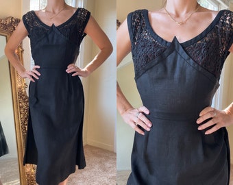 Unique and Gorgeous 1940s Inky Black Cocktail Dress Size S