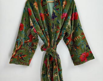Green Bird Print Velvet Kimono Robes, Morning Tea Velvet Coat, Bridesmaid Robe, Women Wear Cotton Velvet robe, Velvet Jacket, Bridal Robe
