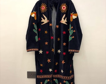 Suzani Velvet Duster Coat, Long Floral Embroidered Cotton Jacket, Boho Winter Coat