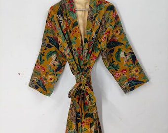 Mustard Print Velvet Kimono Robes, Morning Tea Velvet Coat, Bridesmaid Robe, Women Wear Cotton Velvet robe, Velvet Jacket, Bridal Robe