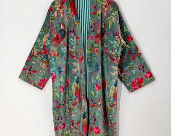 Kimono de terciopelo con estampado de pájaros verdes, abrigo de terciopelo para el té de la mañana, bata de dama de honor, bata de terciopelo de algodón para mujer, chaqueta de terciopelo, bata de novia