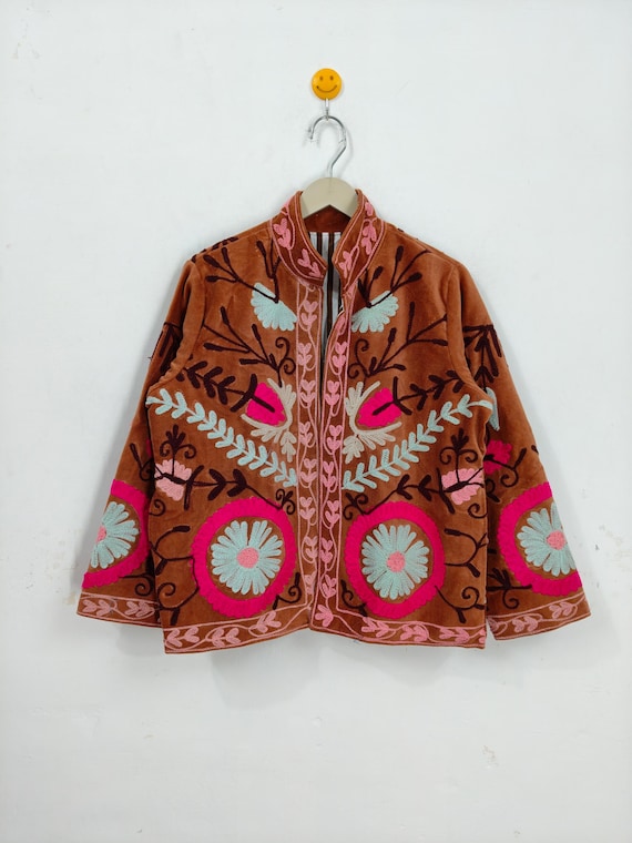 Best Velvet Suzani Jacket, Hand Embroidered Floral Folk Art Coat, Boho Chic Luxury Statement Outerwear, gift for her, Women's suzani jacket