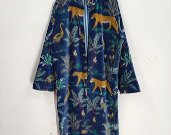 Blue Jungle Print Velvet Kimono Robes, Morning Tea Velvet Coat, Bridesmaid Robe, Women Wear Cotton Velvet robe, Velvet Jacket, Bridal Robe