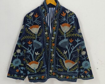 Blue Velvet Handmade Suzani Embroidery Jacket for Women – Bohemian Vintage Style Coat – Colorful Floral Suzani Jacket, Perfect Gift for her