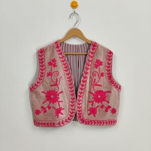 Hand Embroidered Suzani Velvet Vest: Colorful Quilted Waistcoat, Handmade Suzani Velvet Vest for Women – Boho Embroidered Waistcoat, etsy