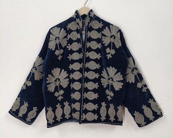 Blue Velvet Handmade Suzani Embroidery Jacket for Women – Bohemian Vintage Style Coat – Colorful Floral Suzani Jacket, Perfect Gift for her