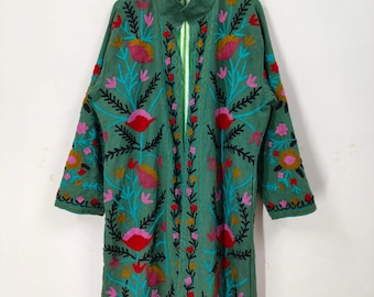 Green Linen Suzani Hand Embroidered Long Kimono, Winter Warmed Coat For Women, Cotton Suzani Coat Jacket, Handmade Embroidered Long Kimono
