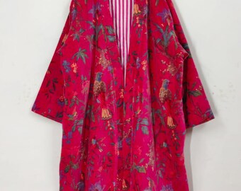 Kimono de terciopelo con estampado de pájaros rosas, abrigo de terciopelo para el té de la mañana, bata de dama de honor, bata de terciopelo de algodón para mujer, chaqueta de terciopelo, bata de novia