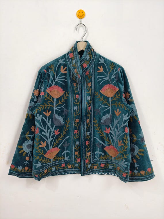 Velvet Suzani Jacket, Handmade Floral Embroidery Folk Art Suzani Embroidery Coat, Boho Chic Ethnic Women Winter Outerwear, best selling coat
