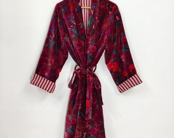 Maroon Bird Print Velvet Kimono Robes, Morning Tea Velvet Coat, Bridesmaid Robe, Women Wear Cotton Velvet robe, Velvet Jacket, Bridal Robe