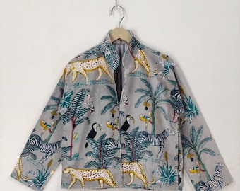 Jungle safari Print Velvet Jacket – Bohemian Vintage-Inspired Kimono Coat, Reversible Statement Outerwear for Women, gift for her