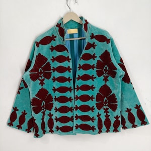 Women's Velvet Embroidered Jacket, Aqua Blue Suzani Jacket, Handmade Bohemian Coat, Vintage Inspired Statement Jacket