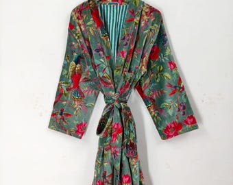 Kimono de terciopelo con estampado de pájaros verdes, abrigo de terciopelo para el té de la mañana, bata de dama de honor, bata de terciopelo de algodón para mujer, chaqueta de terciopelo, bata de novia