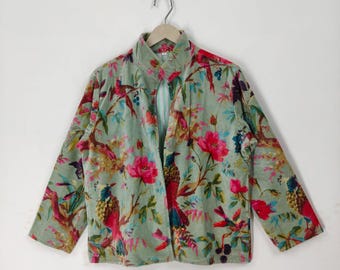 Green Bird Floral Print Velvet Jacket – Bohemian Vintage-Inspired Kimono Coat, Reversible Statement Outerwear for Women, gift for her