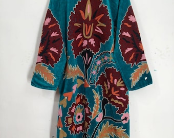 Long Coat Handmade Velvet Embroidered Long Coat, Teal Floral Folk Art Jacket, Boho Statement Kimono Style Outerwear