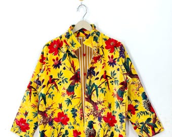 Yellow Bird Print Velvet Jacket – Bohemian Vintage-Inspired Kimono Coat, Reversible Statement Outerwear for Women, gift for her