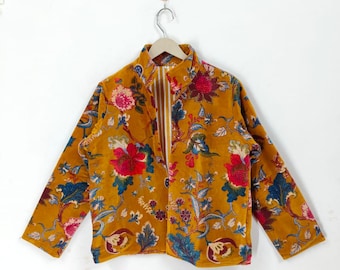 Mustard Floral Print Velvet Jacket – Bohemian Vintage-Inspired Kimono Coat, Reversible Statement Outerwear for Women, gift for her