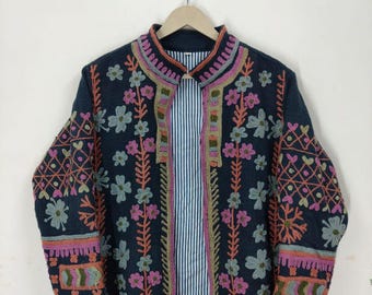 Boho Suzani Embroidered Jacket for Women | Handmade TNT Floral Wool Coat | Colorful Ethnic Winter Jacket | Vintage Bohemian Outerwear