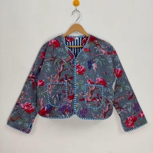 Handcrafted Vintage Kantha Yellow Patchwork Quilted Short Jacket – Reversible Boho Floral Cotton Kimono-Style for Women, Unique Gift for Her