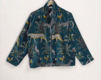 Jungle Print Velvet Jackets Indian Handmade Velvet Jacket , Boho style Quilted jackets , Reversable Women's Jacket, Hippie Jacket