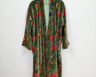 Green Bird Print Velvet Kimono Robes, Morning Tea Velvet Coat, Bridesmaid Robe, Women Wear Cotton Velvet robe, Velvet Jacket, Bridal Robe