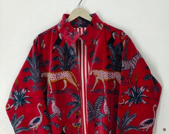 Red Jungle Print Velvet Jacket, Bohemian Velvet Quilted Coat, Bridesmaid Robe, Velvet Jacket, Handmade Velvet Quilted Coat, Hippie Jacket