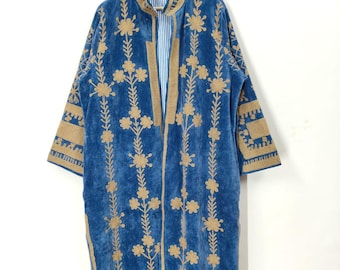Blue Velvet Suzani Hand Embroidered Long Kimono, Winter Warmed Coat For Women, Cotton Suzani Coat Jacket, Handmade Embroidered Long Kimono