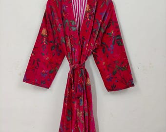 Kimono de terciopelo con estampado de pájaros rosas, abrigo de terciopelo para el té de la mañana, bata de dama de honor, bata de terciopelo de algodón para mujer, chaqueta de terciopelo, bata de novia