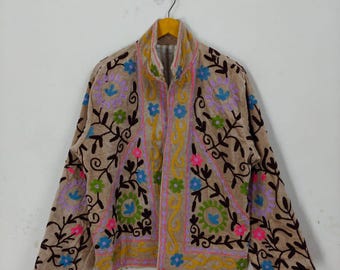 Handmade Velvet Suzani Embroidered Velvet Jacket – Boho Floral Coat, Colorful Ethnic Festival Wear, Bohemian Statement Outerwear for Women
