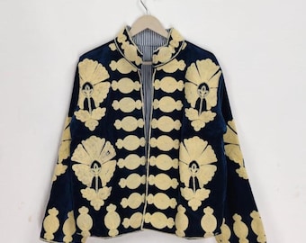 Blue Velvet Handmade Suzani Embroidery Jacket for Women – Bohemian Vintage Style Coat – Colorful Floral Suzani Jacket, Perfect Gift for her