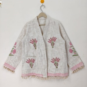 Handtryckt bomulls kimonojacka – Boho lätt kimono med öppen framsida och tofsfåll, etniskt blommönster, sommarstrandjacka