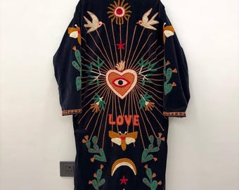 Black Embroidered Velvet Kimono Coat, Handcrafted Long Duster Jacket, Boho Statement Outerwear, Festival Wear