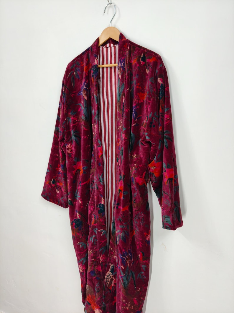 Maroon Bird Print Velvet Kimono Robes, Morning Tea Velvet Coat ...