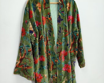 Green Bird Print Velvet Kimono Robes, Morning Tea Velvet Coat, Bridesmaid Robe, Women Wear Cotton Velvet robe, Velvet Jacket, Bridal Robe