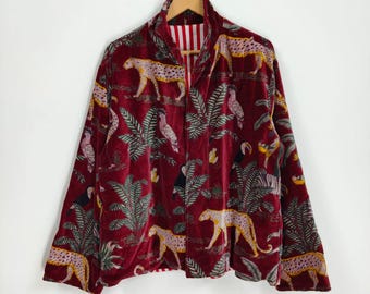 Maroon Jungle Print Velvet Jacket, Bohemian Velvet Quilted Coat, Bridesmaid Robe, Velvet Jacket, Handmade Velvet Quilted Coat, Hippie Jacket