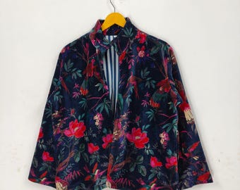 Black Bird Print Velvet jacket, Black Velvet Floral Jacket, Botanical Print Quilted Velvet Coat, Handmade Tailored Designer Boho Outerwear