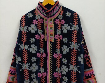 Blue Velvet Handmade Suzani Embroidery Jacket for Women – Bohemian Vintage Style Coat – Colorful Floral Suzani Jacket, Perfect Gift for her