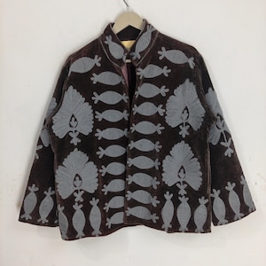 Handmade Brown Velvet Suzani Jacket, Boho Embroidered Jacket, Women's Vintage Coat, Artisan Embroidery, Luxury Velvet Outerwear