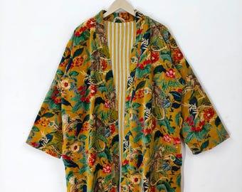 Mustard Print Velvet Kimono Robes, Morning Tea Velvet Coat, Bridesmaid Robe, Women Wear Cotton Velvet robe, Velvet Jacket, Bridal Robe