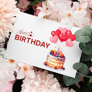 Fruit Cake Birthday Card PNG | Red Heart Balloons | Cute Digital Greeting | Printable Instant Download