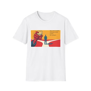 Può includere: Una t-shirt bianca con una stampa grafica che raffigura una mano rossa che tiene un bicchiere di liquido, la sagoma di una persona davanti a un bivio stradale e il testo: Se la vita ti mette di fronte ai bivi, tu bivi, bivi sempre..