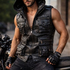 May include: Black leather hooded vest with multiple pockets and a zip closure. The vest is worn with black jeans and gloves. The vest has a textured, crocodile-like pattern. The model is sitting on a motorcycle.