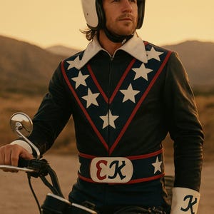 May include: A person wearing a white helmet and a black leather jacket with a star and stripe design, and a matching belt. The jacket has a white collar and red and blue accents. The person is sitting on a motorcycle.