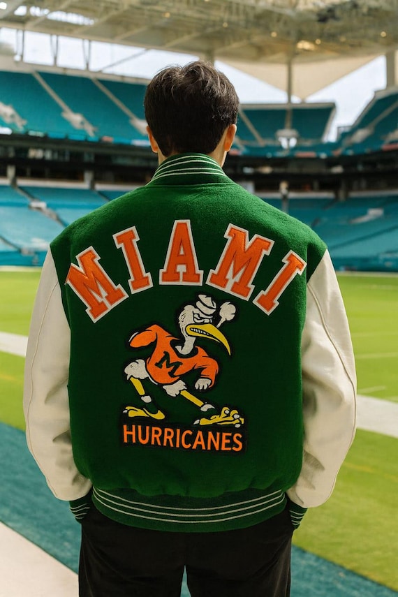 【神レア】 MIAMI アメフト HURRICANES スタジャン ハリケーンズ Unisex Miami Hurricanes Inspired Green & Orange Varsity Jacket