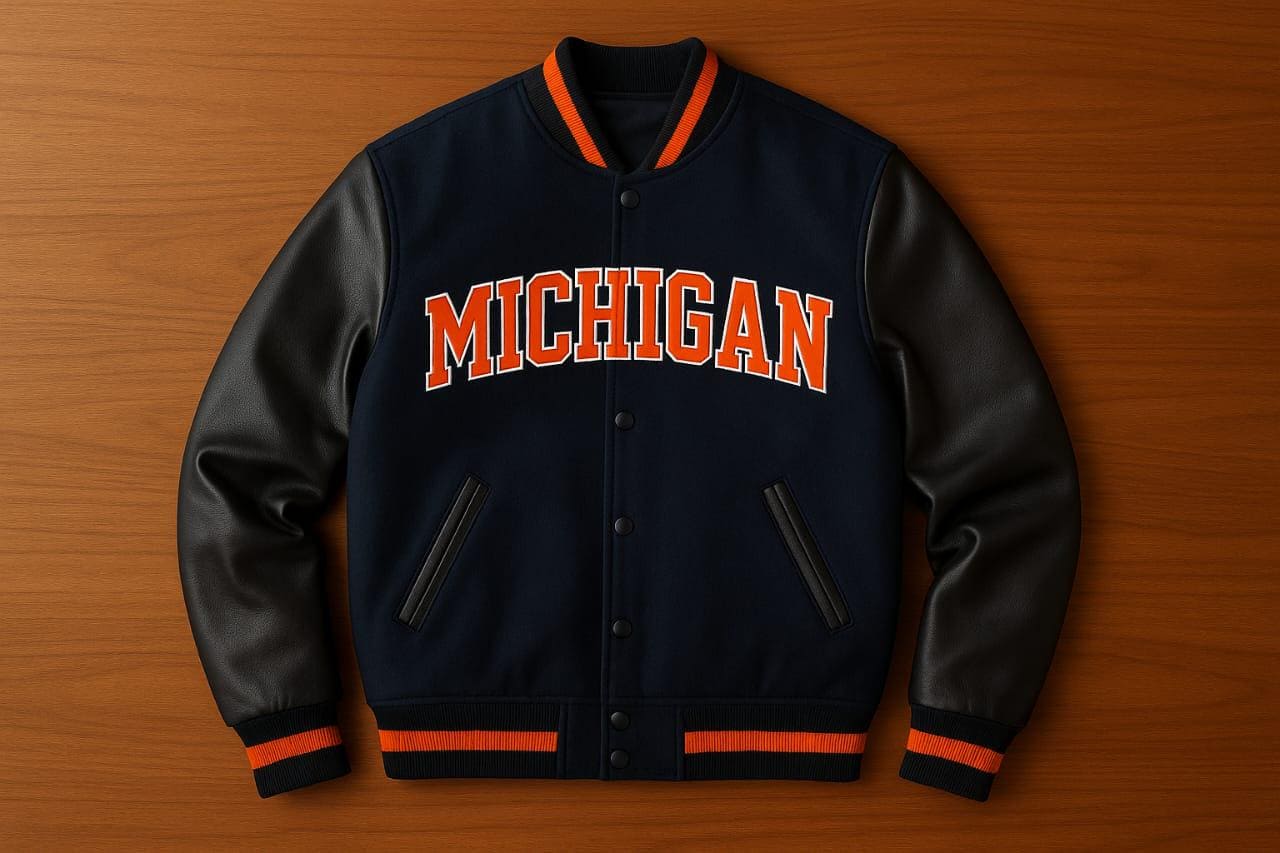 Veste Vintage Années 70 En Cuir - Michigan Wolverines - Couleurs Violet/orange - Taille 2XL - État Exceptionnel