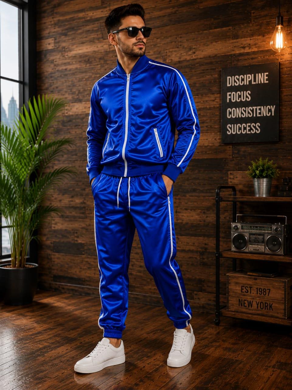 Royal Blue Satin Tracksuit Men, Shiny Track Suit Set, Retro Jogger Outfit, White Piping Streetwear, 2 Piece Athletic Tracksuit, Custom Made