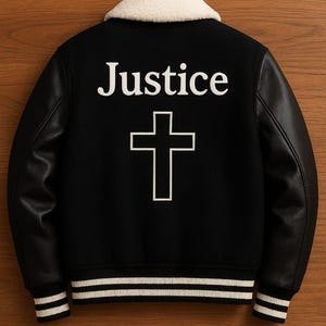 May include: Black varsity jacket with white "Justice" text and a cross graphic on the back. Features a white faux-fur collar, black leather sleeves, and striped cuffs and hem. A stylish and bold outerwear piece.
