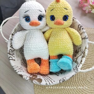 May include: Two handmade crochet duck toys. One is white with orange feet and a white tuft, the other is yellow with blue booties and an orange crest. Both have blue eyes and orange beaks, sitting in a decorative basket.