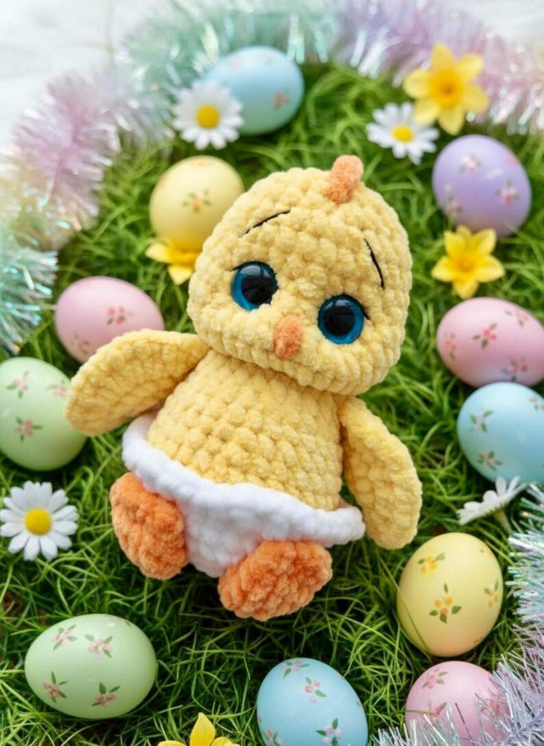 Pode incluir: Um pintinho amarelo feito &agrave; m&atilde;o em croch&ecirc; com grandes olhos azuis, bico e p&eacute;s laranja e uma fralda branca. O pintinho &eacute; cercado por ovos de P&aacute;scoa decorados em cores pastel, margaridas e flores amarelas, tudo sobre grama verde.