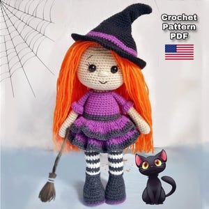 Halloween crochet pattern. Halloween doll amigurumi. Crochet witch pattern PDF tutorial. Crochet witch toy. Pattern in English.